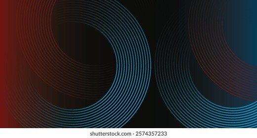 Abstract futuristic technology lines background with red and blue light effect. Gradient circle line pattern design.
