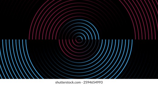 Abstract futuristic technology lines background with light effect. Glowing circle lines. Modern shiny blue and pink gradient geometric lines pattern. Horizontal banner template. Vector illustration