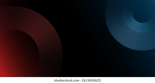Abstract futuristic technology lines background with red and blue light effect. Gradient circle line pattern design. Glowing lines vector. Modern dark banner template graphic elements.