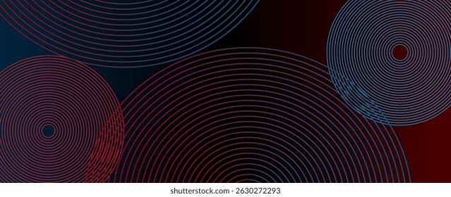 Abstract futuristic technology lines background with red and blue light effect. Gradient circle line pattern design. Glowing lines vector. Modern dark banner template graphic elements.