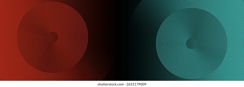 Resumo das linhas tecnológicas futuristas com efeito de luz vermelha e verde. Padrão de linhas de círculo de gradiente. Linhas geométricas de néon brilhantes. Design moderno de modelo de banner escuro. Ilustração vetorial