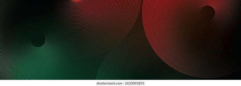 Abstract futuristic technology lines background with red and green light effect. Gradient circle lines pattern. Glowing neon geometric lines. Modern dark banner template design. Vector illustration