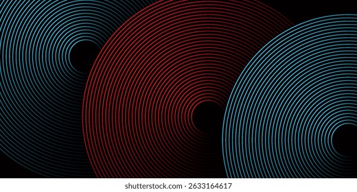 Fundo abstrato das linhas tecnológicas futuristas com efeito de luz vermelha e azul. Design de padrão de linha de círculo de gradiente. Vetor de linhas brilhantes. Elementos gráficos de modelo de banner escuro moderno. eps 10