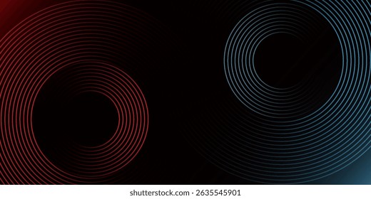 Abstract futuristic technology lines background with red and blue light effect. Gradient circle line pattern design. Glowing lines vector. Modern dark banner template graphic elements.
