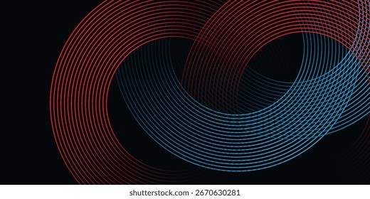 Fundo abstrato das linhas tecnológicas futuristas com efeito de luz vermelha e azul. Design de padrão de linha de círculo de gradiente. Vetor de linhas brilhantes