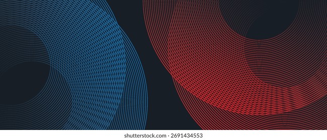 Fundo abstrato das linhas tecnológicas futuristas com efeito de luz vermelha e azul. Design de padrão de linha de círculo de gradiente. Vetor de linhas brilhantes. 
