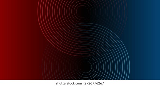 Fundo abstrato das linhas tecnológicas futuristas com efeito de luz vermelha e azul. Design de padrão de linha de círculo de gradiente. Vetor de linhas brilhantes. Elementos gráficos de modelo de banner escuro moderno.