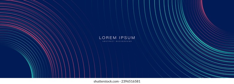 Abstract futuristic technology lines on dark blue background. Glowing turquoise and red circle lines design. Shiny curve lines pattern. Modern graphic element. Horizontal banner template