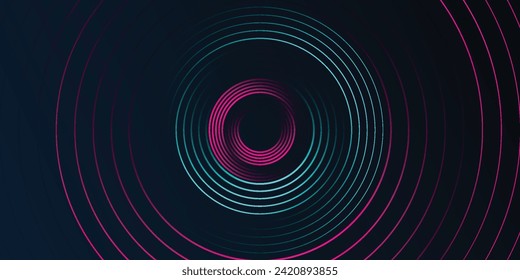 Resumen de líneas tecnológicas futuristas sobre fondo azul oscuro. Diseño de líneas de círculo rojo y turquesa brillante. Patrón de líneas de curva brillante. Elementos gráficos modernos.