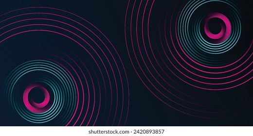 Resumen de líneas tecnológicas futuristas sobre fondo azul oscuro. Diseño de líneas de círculo rojo y turquesa brillante. Patrón de líneas de curva brillante. Elementos gráficos modernos.