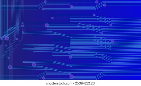 Abstract futuristic technology network background with glowing blue lines and nodes on dark background, connecting geometric shapes and data points for innovation concepts