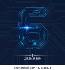 Abstract futuristic technology and number six circuit board background vector illustration
