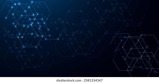 Abstract futuristic technology. A polygon with a glowing dot on blue dark background. Global network connection, social networking, big data visualization.