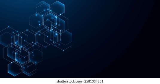 Abstract futuristic technology. A polygon with a glowing dot on blue dark background. Global network connection, social networking, big data visualization.