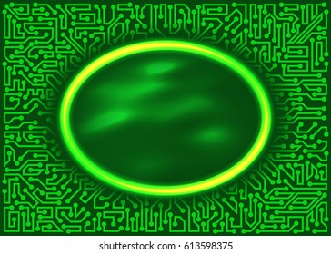 Abstract futuristic technology round frame with circuit board elements of green and yellow shades