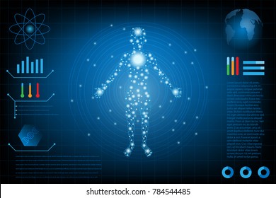 abstract futuristic technology science concept body human,HUD interface elements of human DNA icon meter graph and world.vector and illustration