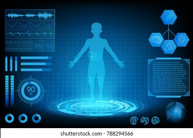 abstract futuristic technology science concept human data health digital interface ,pulse heart and brain checking icon DNA,Heart,Brain and world.vector and illustration