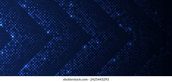 Abstract futuristic technology square pattern arrow with glowing light, square arrow element on dark blue background.