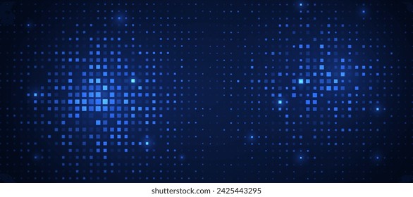 Diseño cuadrado de la tecnología futurista abstracta con luces brillantes, elementos cuadrados sobre fondo azul oscuro.