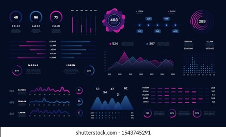 Abstract futuristic technology user interface. Vector neon holographic data bars, abstract graphs ui infographics, digital illustration on tech panel hud diagram