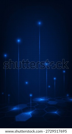 Abstract futuristic technology vector illustration. Vertical background with hexagonal pattern on the ground and shooting particles.