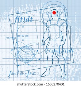 Abstract futuristic thin line pattern with math formula, human silhouette and geometry shapes. Math science engineered drawn project plot concept. Grunge backdrop