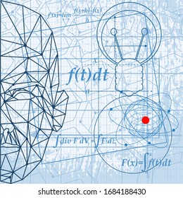 Abstract futuristic thin line pattern with math formula, human silhouette and geometry shapes. Math science engineered drawn project plot concept. Grunge backdrop