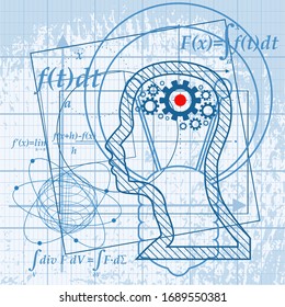 Abstract futuristic thin line pattern with math formula, human silhouette and geometry shapes. Math science engineered drawn project plot concept. Grunge backdrop