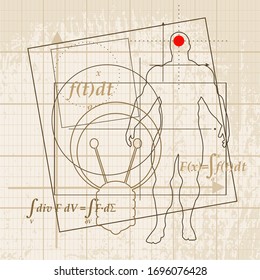 Abstract futuristic thin line pattern with math formula, human silhouette and geometry shapes. Math science engineered drawn project plot concept. Grunge backdrop