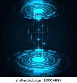 Resumen de la transferencia futurista de la red de datos digitales al concepto central. Antecedentes de tecnología de Internet de alta velocidad en círculo azul. Ilustración del vector