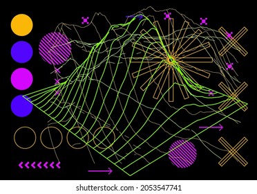 Abstract futuristic vector background with distorted and glitched wireframe grid. Sci-fi style illustration.