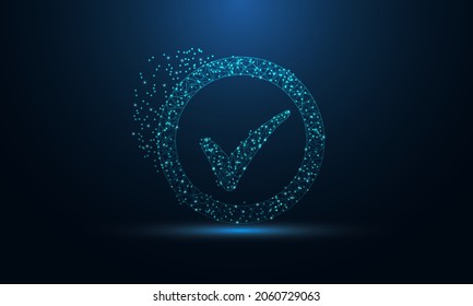 Abstract futuristic vector of Check Mark icon in the form of a starry sky space. consisting of points, light, lines, and shapes in the form of design. Low poly Tick Sign vector on blue background.