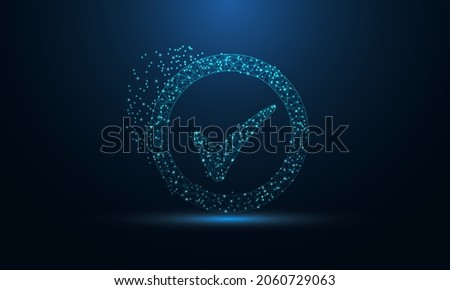 Abstract futuristic vector of Check Mark icon in the form of a starry sky space. consisting of points, light, lines, and shapes in the form of design. Low poly Tick Sign vector on blue background.