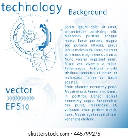 Abstract futuristic vector illustration for background with mechanical gears and wheels, blue.  Brochure with description and instructions
