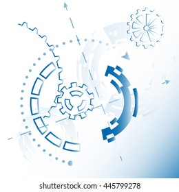 Abstract futuristic vector illustration for background with mechanical gears and wheels, blue