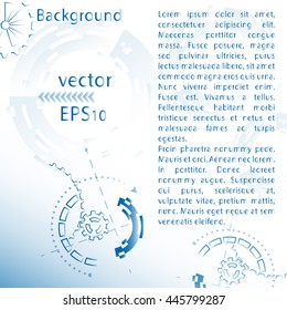 Abstract futuristic vector illustration for background with mechanical gears and wheels, blue.  Brochure with description and instructions