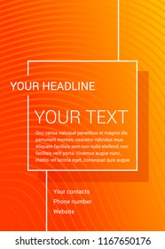 Abstract futuristic vector template - modern red orange background with thin line waves, white frame and sample text - for layout, cover, brochure, banner, landing, diploma