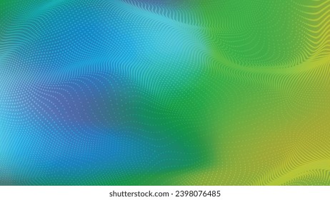 Abstract futuristic vibrant gradient wave with moving dots. Flow of particles with glitch effect. Ideal vector graphics for brochures, flyers, magazines, business cards and banners. Vector.