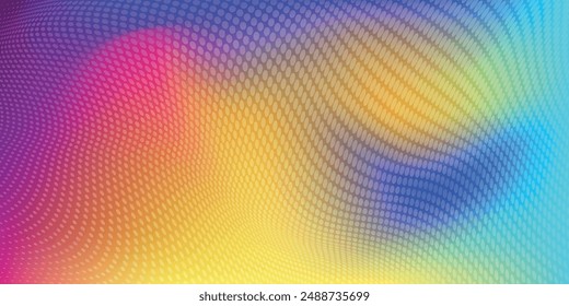 Abstract futuristic vibrant gradient wave with moving dots. Flow of particles with glitch effect. Ideal vector graphics for brochures, flyers, magazines, business cards and banners. Vector