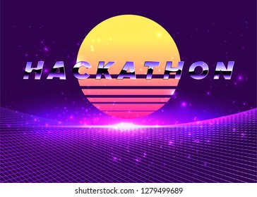Abstract futuristic VSH style cyber landscape with holographic sun and neon laser grid. Synthwave, vaporwave style illustration for Hackathon programming event.