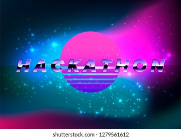 Abstract futuristic VSH style cyber landscape with holographic sun and neon laser grid. Synthwave, vaporwave style illustration for Hackathon programming event.