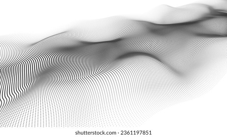 Abstract futuristic wave of black dots moving on a white background.Big data. 3d rendering