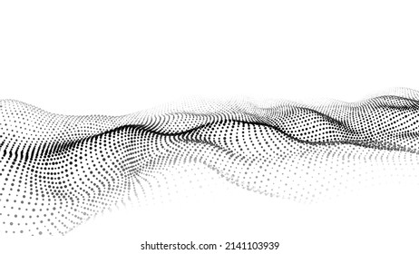 Abstract futuristic wave with moving dots. Flow of particles. Vector cyber technology illustration.