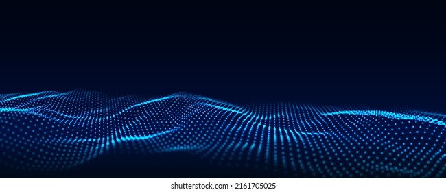 Abstract futuristic wave with moving dots. Flow of particles. Vector cyber technology illustration.