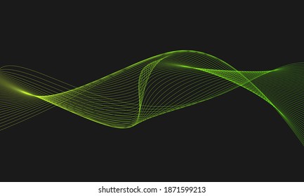 Abstract futuristic wave science, technology banner with green and yellow gradient grid lines on black background. Modern technology design. dynamic linear waves 