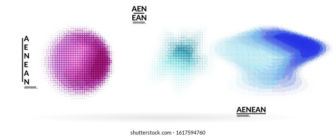 Abstract futuristic wavy shapes. Set of blended transparent gradients. Futuristic vector illustration badge set. Smooth fluid bubbles with halftone effect.