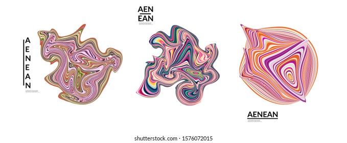 Abstract futuristic wavy shapes. Futuristic vector illustration badge set. Bubbles with striped marble texture.