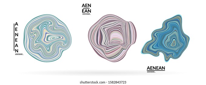 Abstract futuristic wavy shapes. Futuristic vector illustration badge set. Bubbles with striped marble texture.