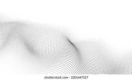 Abstract futuristic white wave with moving dots. Flow of particles. Vector cyber technology illustration.