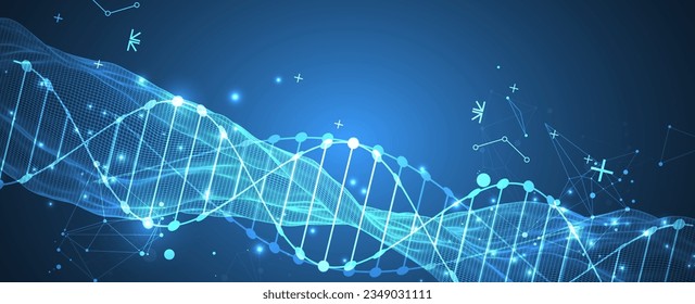 Abstrakter futuristischer Wireframe Hintergrund für Design-Arbeiten.
Wissenschaftsvorlage, Bildschirmhintergrund oder Banner mit DNA-Molekülen.
